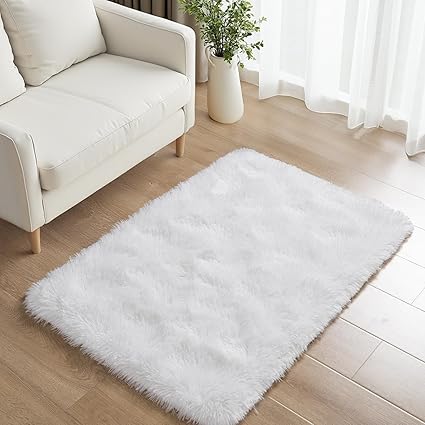 Small Bedside Rug, 2x3 Non Slip Fluffy Shaggy Entryway Throw Rugs for Bedroom Living Room, Indoor Floor Carpet for Kids Girls and Boys, Nursery Rooms Mat, Home Decor Aesthetic, White
