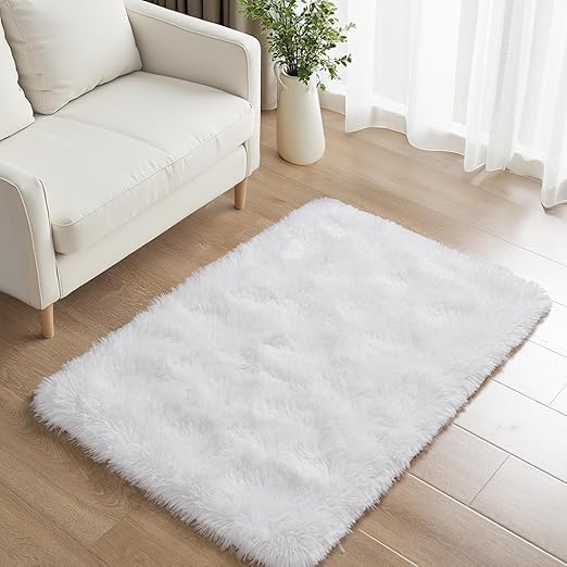 Small Bedside Rug, 2x3 Non Slip Fluffy Shaggy Entryway Throw Rugs for Bedroom Living Room, Indoor Floor Carpet for Kids Girls and Boys, Nursery Rooms Mat, Home Decor Aesthetic, White