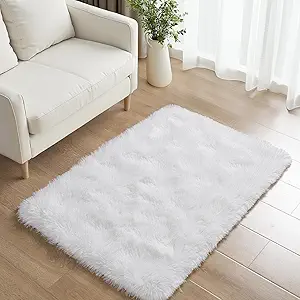 Small Bedside Rug, 2x3 Non Slip Fluffy Shaggy Entryway Throw Rugs for Bedroom Living Room, Indoor Floor Carpet for Kids Girls and Boys, Nursery Rooms Mat, Home Decor Aesthetic, White