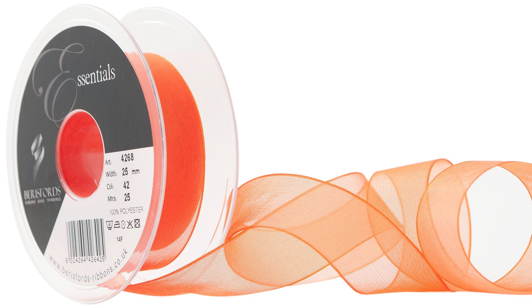 Berisfords Super Sheer Ribbon, Orange, 25 mm Width, 25 metre Length