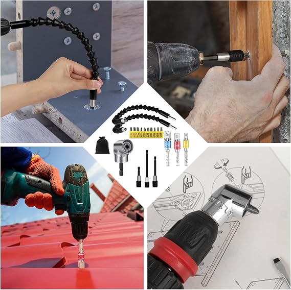 Flexible Drill Bit Extension Set 19pcs, Hex Shank 105Right Angle Drill Attachment, 3pcs Drill Bit Holder Extension, 1/4 3/8 1/2 Universal Socket Adapter, Screwdriver Bit Kit (Silvery)