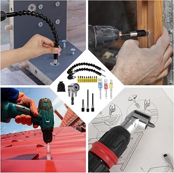 Flexible Drill Bit Extension Set 19pcs, Hex Shank 105Right Angle Drill Attachment, 3pcs Drill Bit Holder Extension, 1/4 3/8 1/2 Universal Socket Adapter, Screwdriver Bit Kit (Silvery)