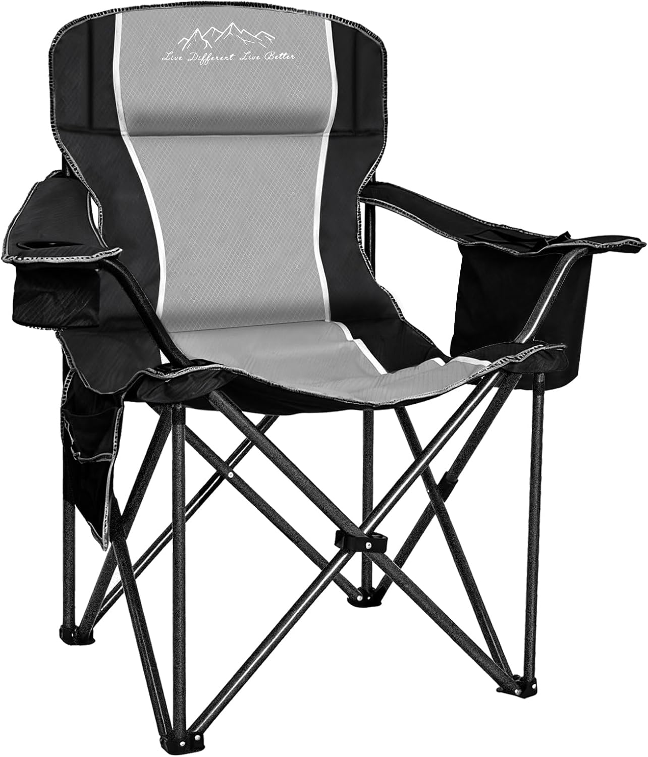 Camping Chair Heavy Duty High Back Folding Chair with Cup Holder, 450lbs Capacity, Padded Seat, Cooler Bag & Storage Pocket, Portable for Outdoor, Beach, Fishing, Sports, Black