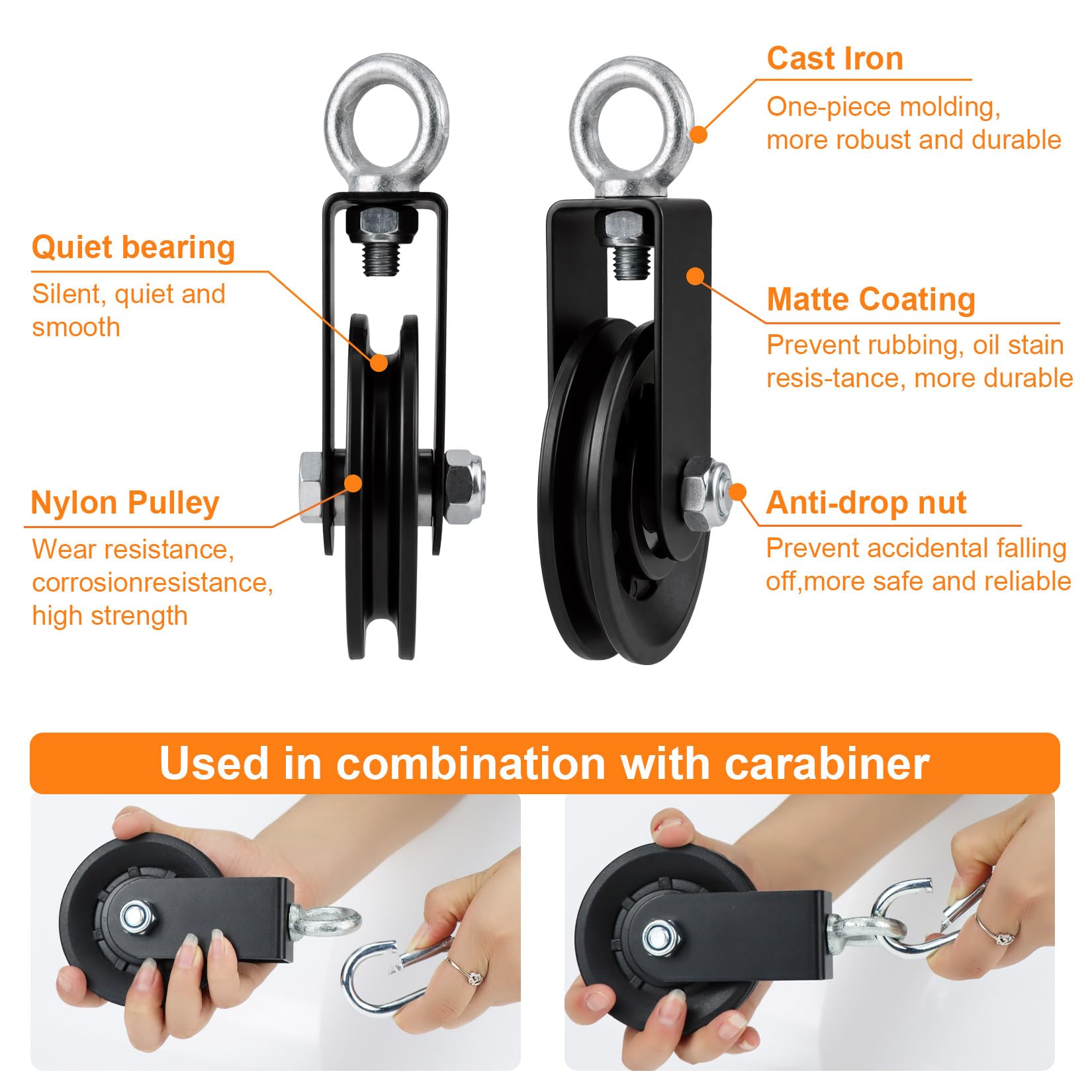90mm Umlenkrolle Seilrolle mit Hängegurt Karabiner, 360° Schwenkbar Kabel Pulley für Schaukelzubehör Wäscheleine Latzugstange Seilzug Fitness DIY Heim-Fitnessgeräte | Hochwertige Materialien,360°-Drehmechanismus,Geräuscharmer Betrieb