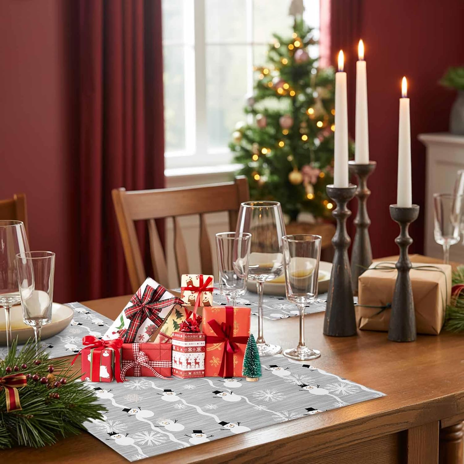 Winter Placemat for Dinning Table Christmas Placemat Set of 6-Cotton Linen Waterproof Cloth Table Mat-Snowman Snowflake Place Mat,Washable Easy Clean Fabric,Rustic Farmhouse Holiday Dinner Decor-Gray