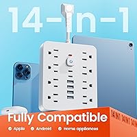 Vista 6 de Surge Protector Power Strip - Chiefway Extension Cord with 8 AC Outlets, 6 USB Ports (2 USBC) & One-Touch Switch, Short Cord Outlet Extender, Wall