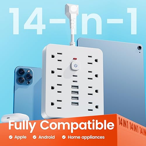 Miniatura 6 de Surge Protector Power Strip - Chiefway Extension Cord with 8 AC Outlets, 6 USB Ports (2 USBC) & One-Touch Switch, Short Cord Outlet Extender, Wall