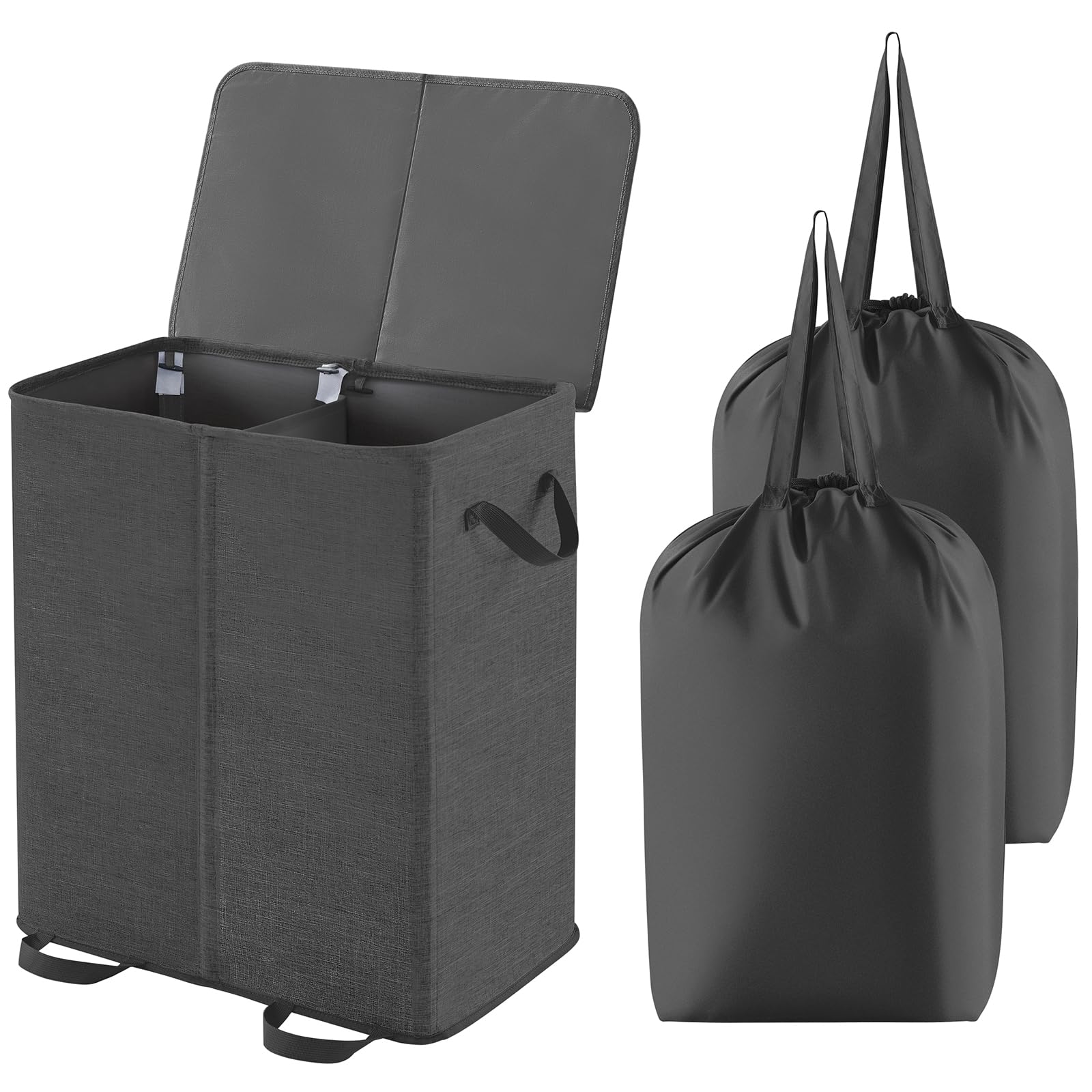 Lifewit Double Panier à Linge Sale avec Couvercle et Sacs à Linge Détachable, Grand Panier à Linge Sale Pliable à 2 Diviseurs avec Poignées (noir)