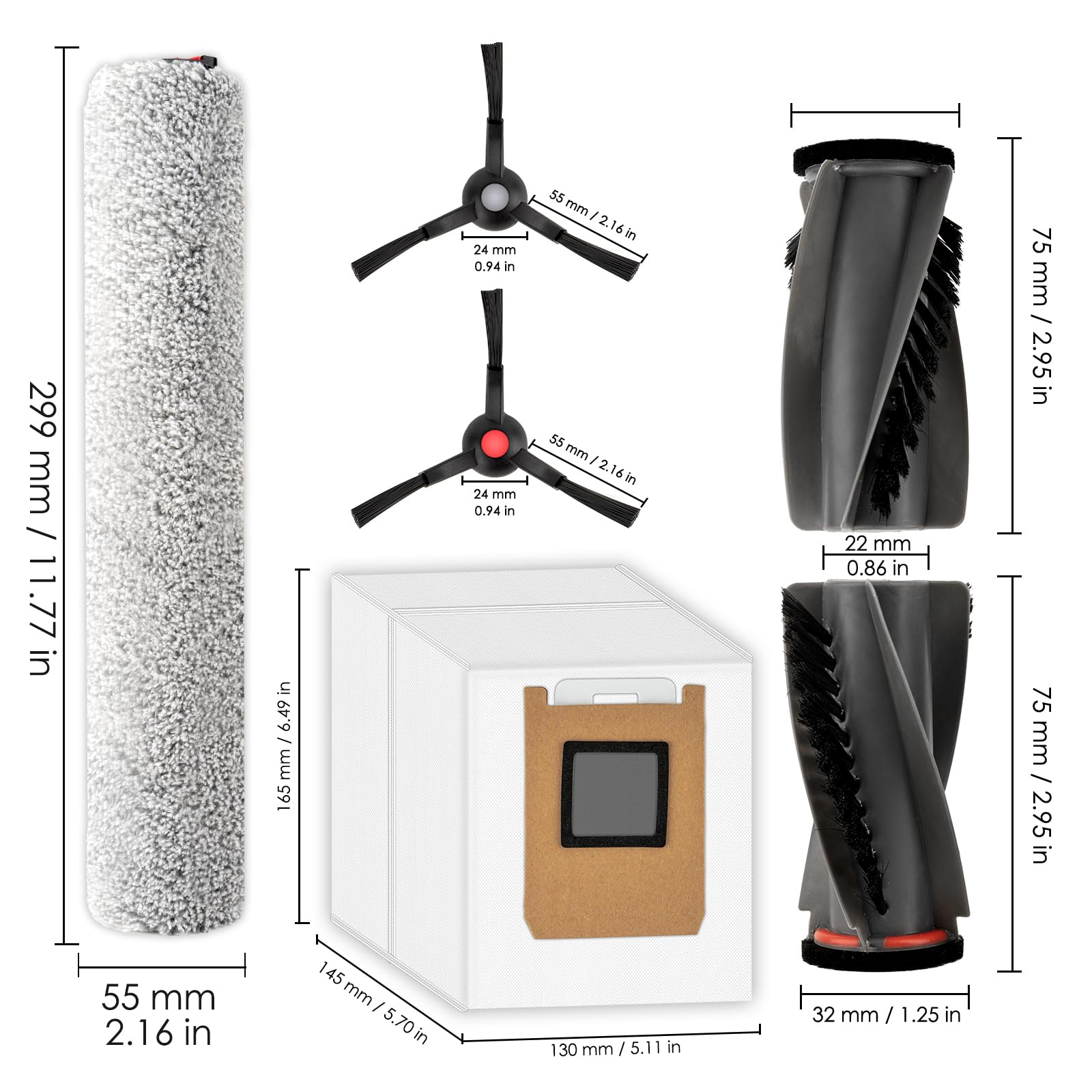 Paquete de 16 piezas de repuesto E28 E25 Omni compatibles con aspiradora robótica Eufy E28 Omni/E25 Omni, 2 cepillos de rodillo, 2 rodillos de cepillo, 4 cepillos laterales, 4 filtros HEPA, 4 bolsas