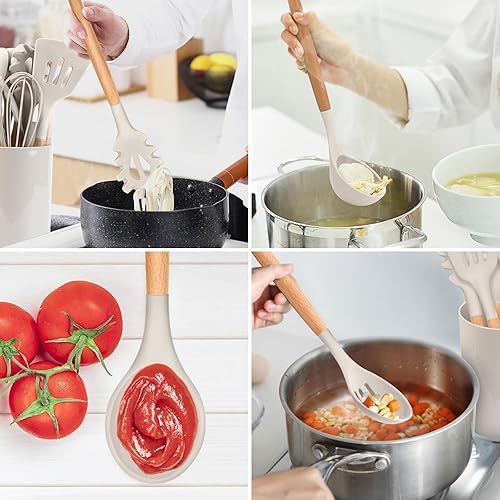 Miniatura 6 de E-far Juego de 12 utensilios de cocina de silicona con soporte, antiadherentes y resistentes al calor, incluye espátula, pinzas, batidor, cepillo,