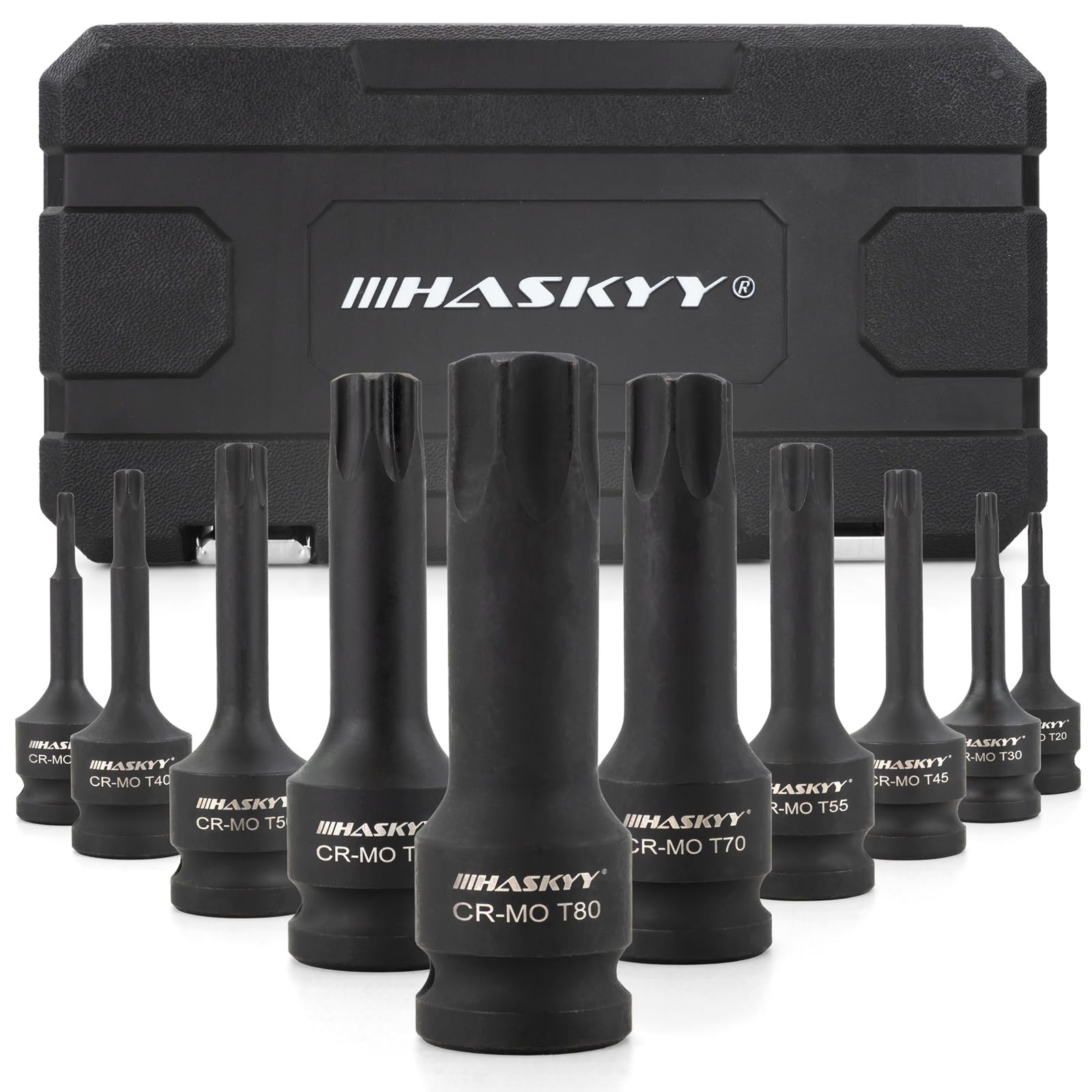 HASKYY Ensemble de douilles pour écrou de visseuse à choc 1/2 pouce T20-T80 - Jeu de bits pour clé à douille Torx - 10 pièces - Ensemble d’écrous Torx - Outil pour entretien de voiture, moteur, freins