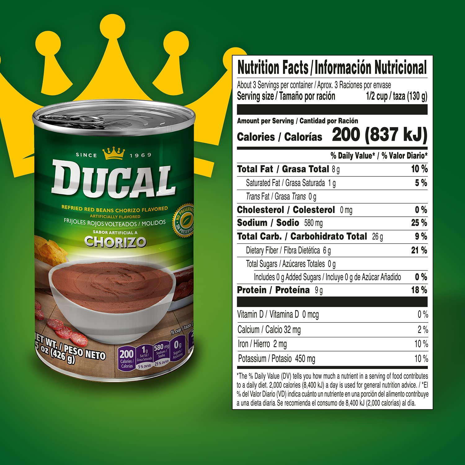Ducal Refried Red Beans Chorizo Flavored, 15 Oz (Pack of 24) - Excellent Source in Protein And Iron, Cholesterol Free - Instant Vegetarian Refried Red Beans, Non-GMO And Gluten-Free