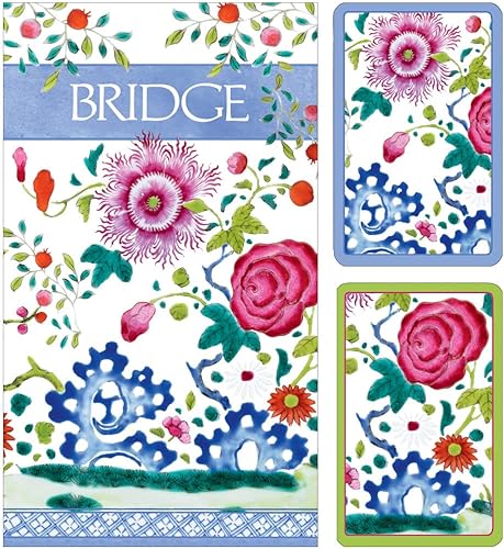 Caspari Juegos de regalo de puente de porcelana floral - 2 barajas de cartas y 2 blocs de puntuación