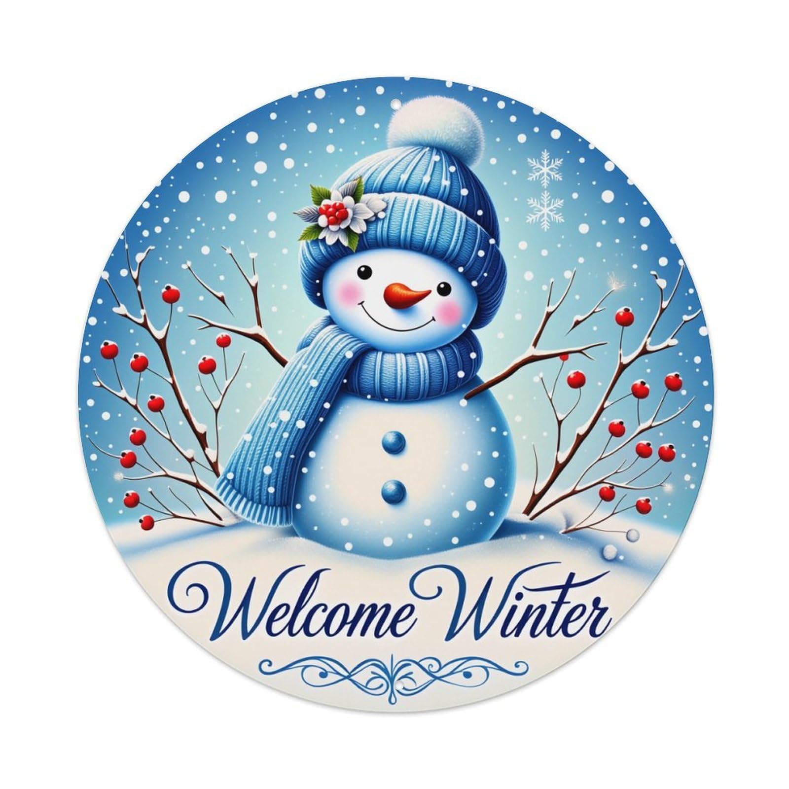 Snowman Winter Welcome Blue Red Round Tin Sign Vintage Metal Sign Home Bar Garden Indoor & Outdoor Wall Decor Retro Metal Poster 8x8 Inch