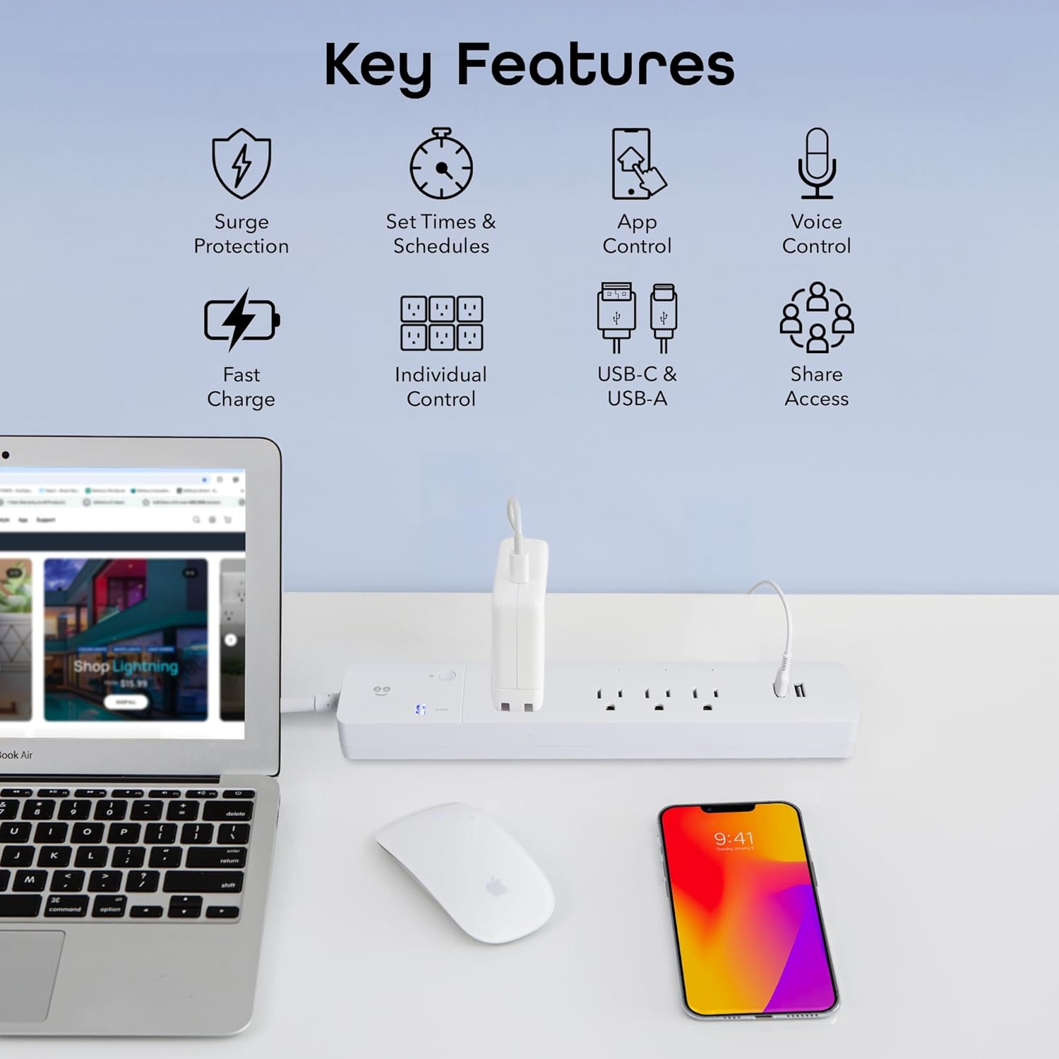 Graphic illustrating key features: Surge Protection, Set Times & Schedules, App Control, Voice Control, Fast Charge, Individual Control, USB-C & USB-A, Share Access