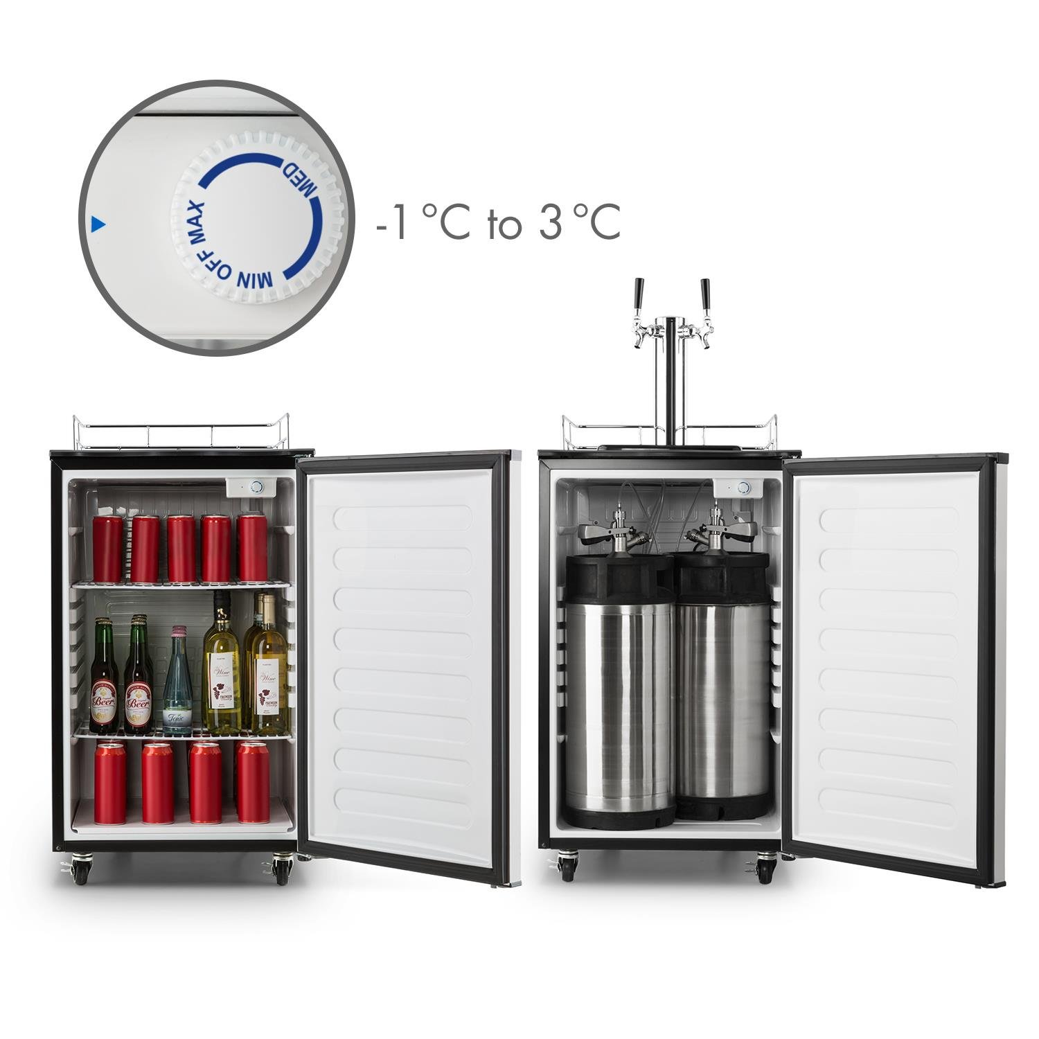 Klarstein Nevera Pequeña con Mancheta para Barril de Cerveza y Bebidas, Frigorífico Pequeño Sin Congelador, Grifo de Cerveza Doble, Minibar con Capacidad para Barriles 50 l., Estantes, 4 Ruedas, Plata