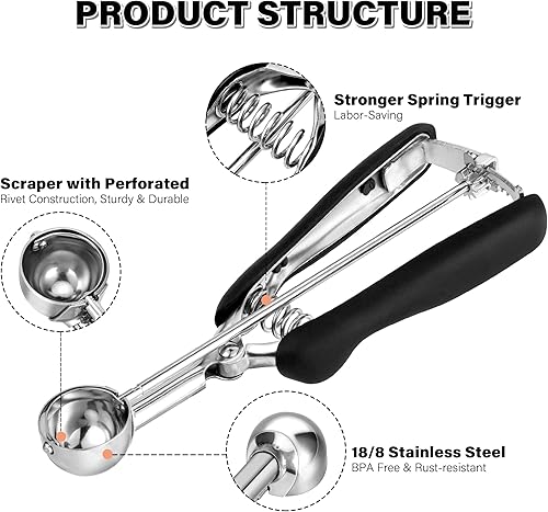 Vista 86 de Cuchara para galletas de 3.5 cucharadas, cuchara de helado con gatillo de pulgar, masa de galletas, cuchara de melón de 2.165 in, agarre cómodo
