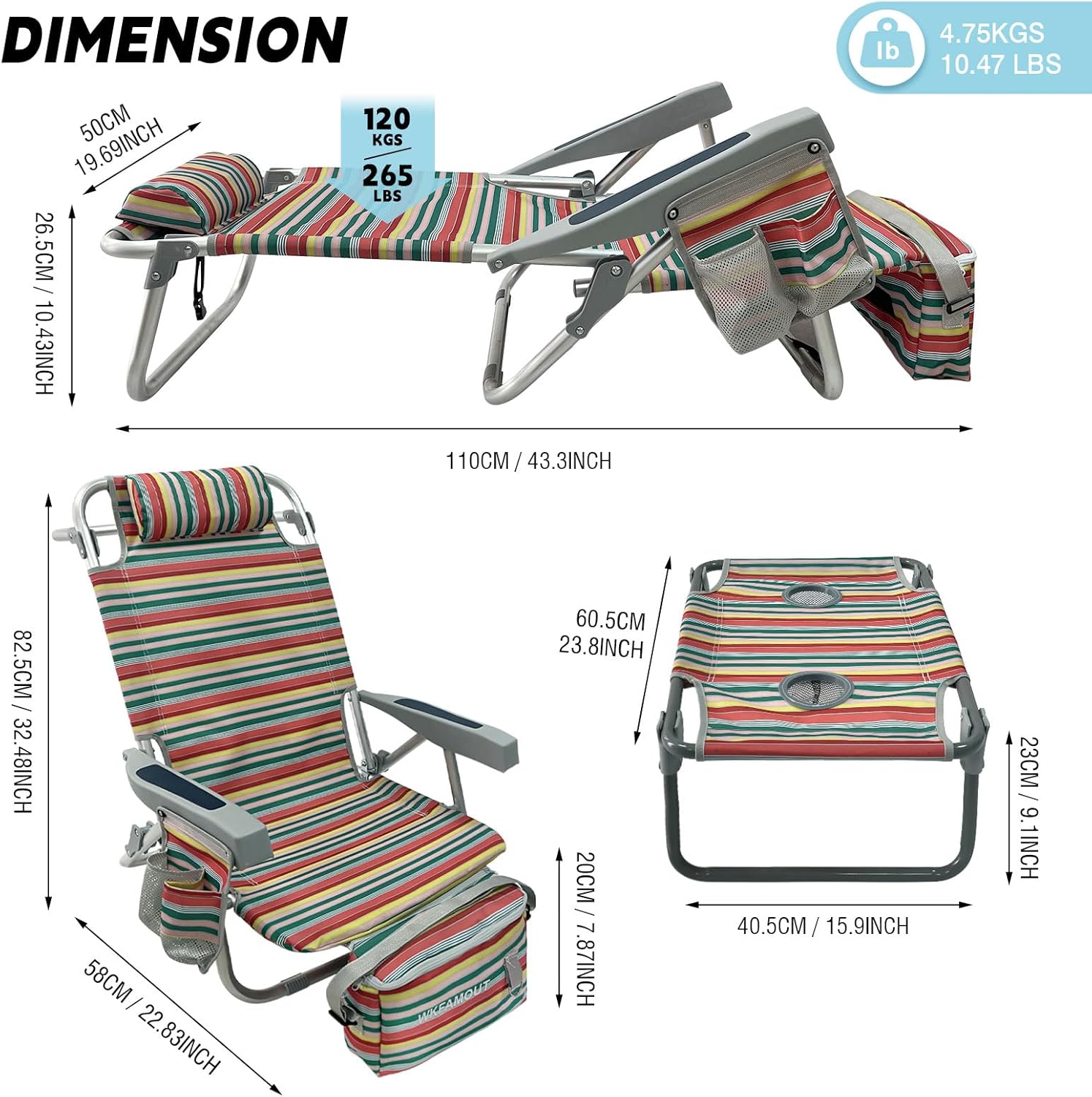 Backpack Beach Chair Aluminum with Folding Camping Table 5-Position Lay Flat Lounge Chair Outdoor for Adults with Insulated Cooler Bag and Cup Holder - Image 3