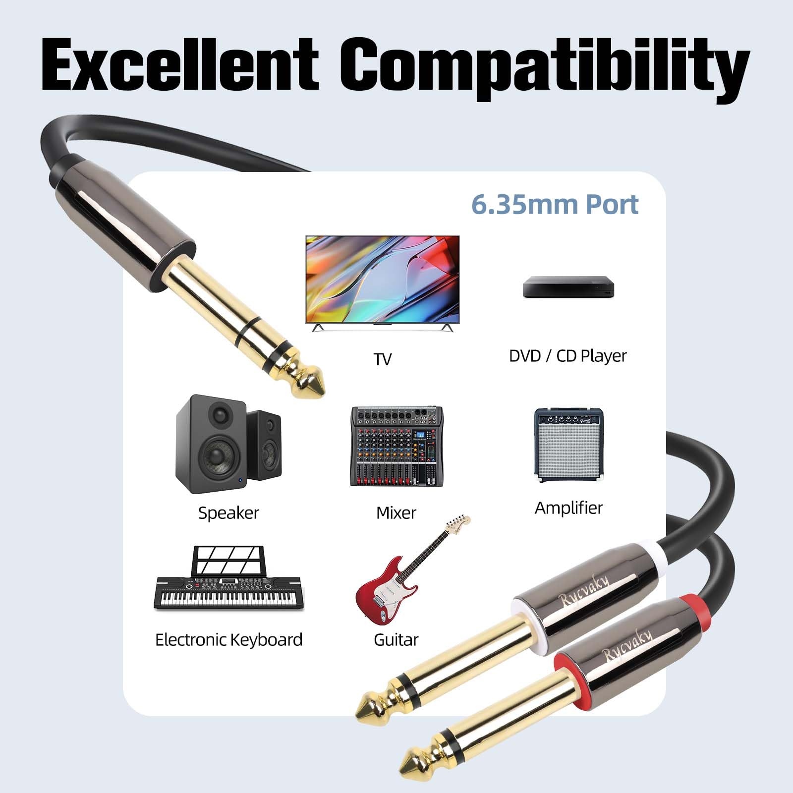 Cavo audio stereo da 6,35 mm a doppio maschio da 6,35 mm, TRS da 6,35 mm a 2 x 6,35 mm TS Mono Breakout, cavo di interconnessione splitter a Y codificato a colori per registrazione, mixer