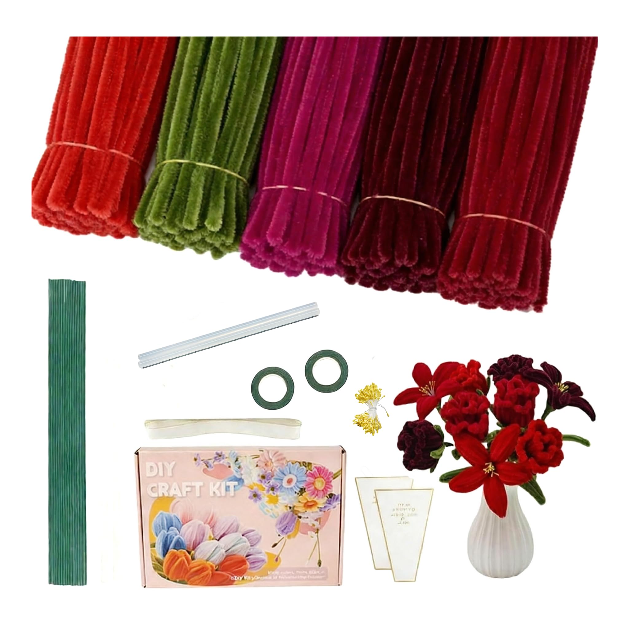 500 StüCk Pfeifenreiniger Blumen Set, Pfeifenputzer Zum Basteln | 5 Farben FüR Diy, Mit Schleifenband, Klebeband, StaubbläTter, Blumendraht, Blumenpapier, Anleitung Zum Blumenbasteln (Rose)