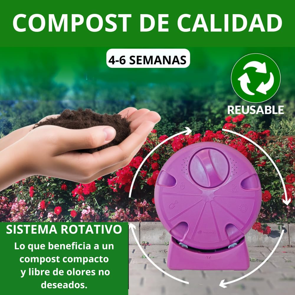 Compostador Doméstico Giratorio y Compacto 40L ImpakCity - Evita Malos Olores, Insectos y Roedores, con Compartimento de Líquidos Lixiviados, Fabricado en España con Materiales Reciclables