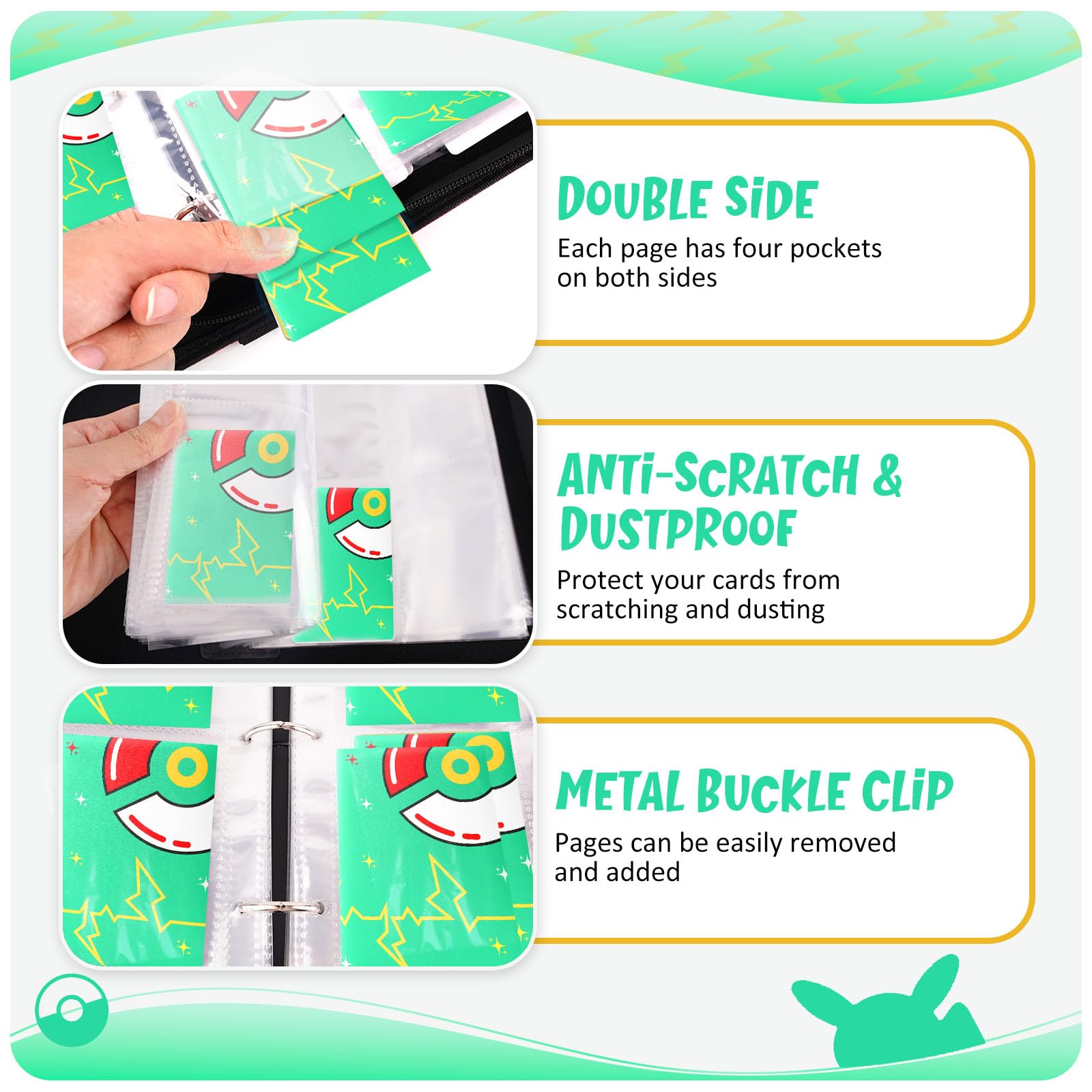 Raccoglitore di carte con 9 tasche, 900 tasche porta carte con 50 maniche rimovibili, raccoglitore di carte collezionabili con cerniera, porta album, verde