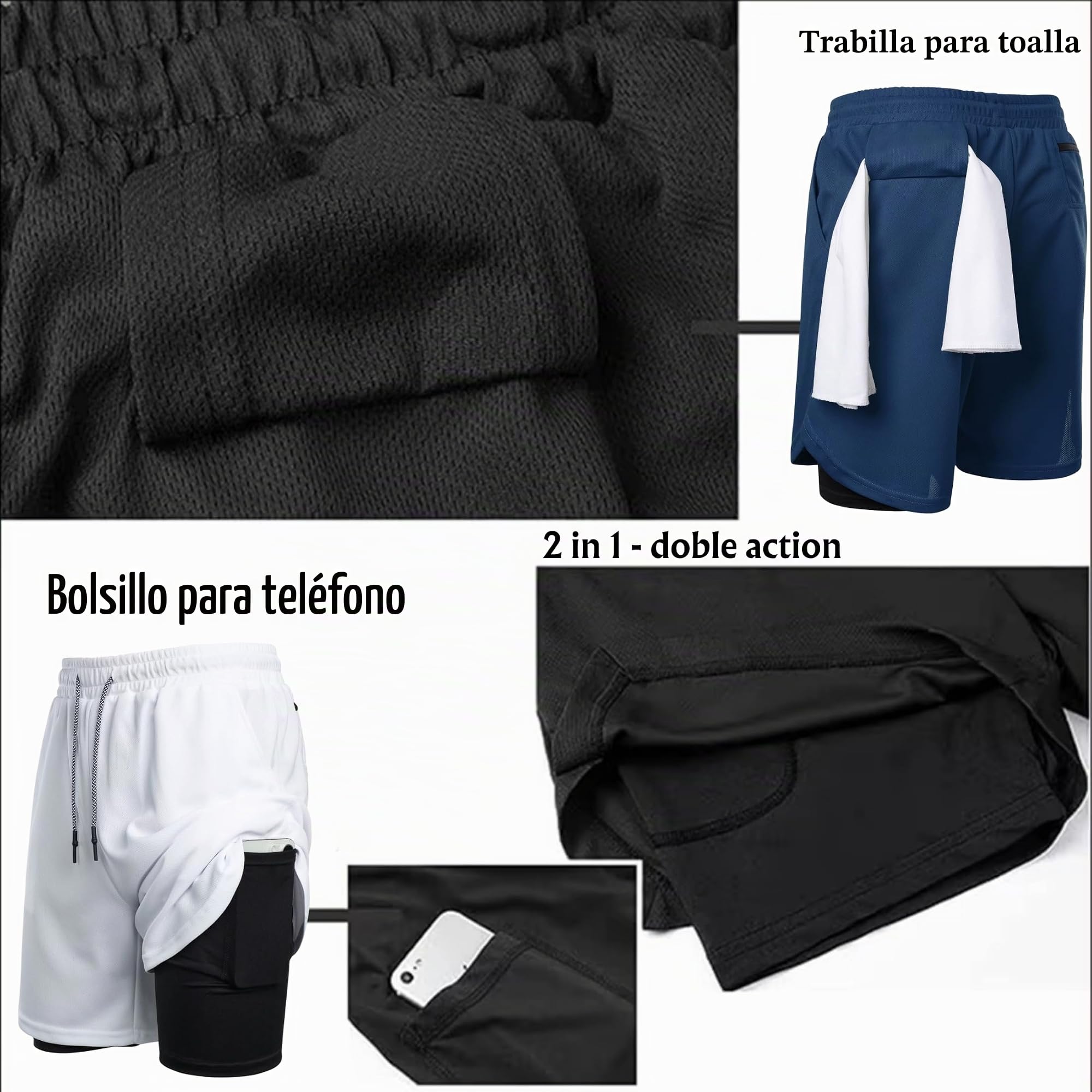 Pack de 3 Pantalones Cortos Hombre Deporte 2 en 1 con Malla integrada | 4 Bolsillos, Cinta Trasera Portatoallas, Resistentes, Transpirables, de Secado Rápido, Gym, Crossfit, Running, Padel