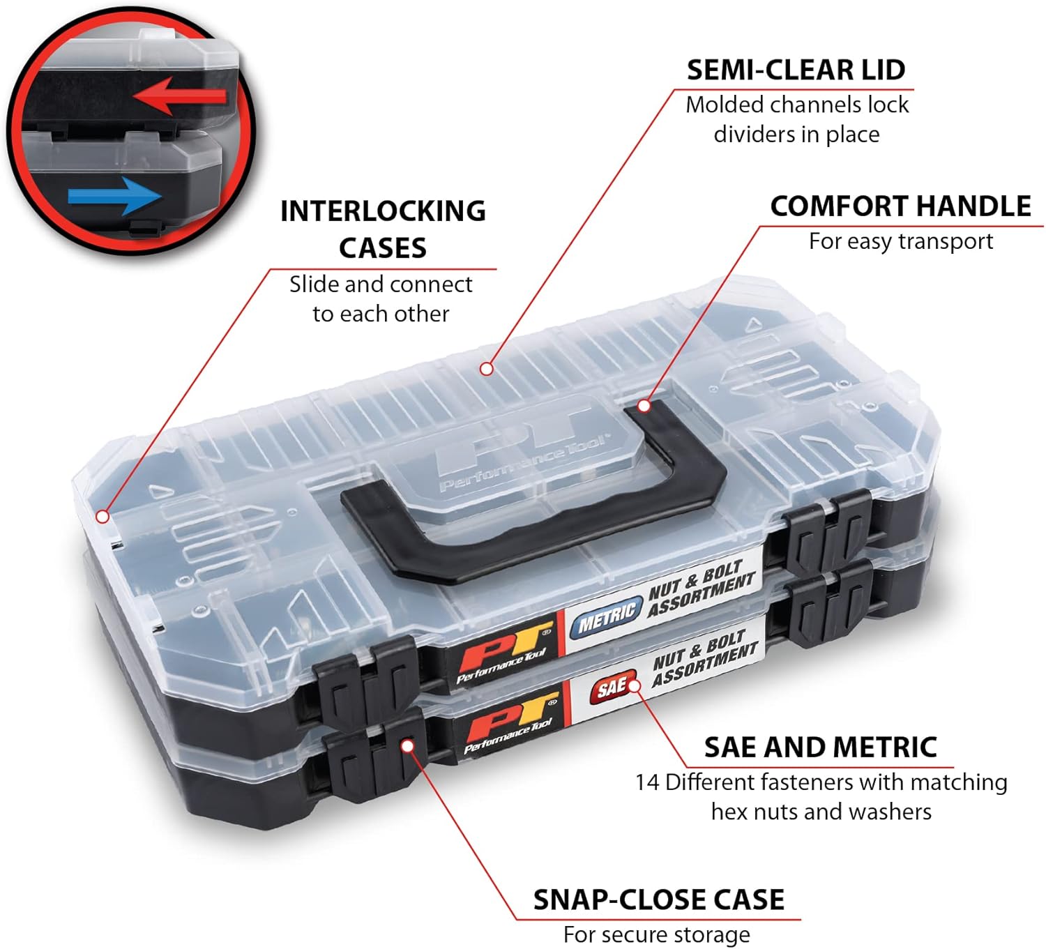 Performance Tool W5264 740pc Hardware Assortment Kit with SEA & Metric Nuts, Bolts & Washers, Stacking Interlocking Clear Lid Bins for Maximum Portability, Black