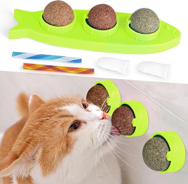 KETIEE Catnip Balls Toy Rotatable Catnip Edible Wall Ball Kitten Licking Treats Toys Cat Nip Ball Cat Toys Chew Toys with 2pcs Dog Cat Finger Toothbrush & Cat Spring Toy, Green