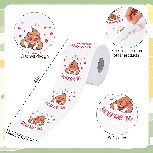 Miniatura 2 de Regalos de cumpleaños número 16 para hombres y mujeres, paquete de 3 rollos de papel higiénico divertido de 3 capas, papel higiénico de cumpleaños,