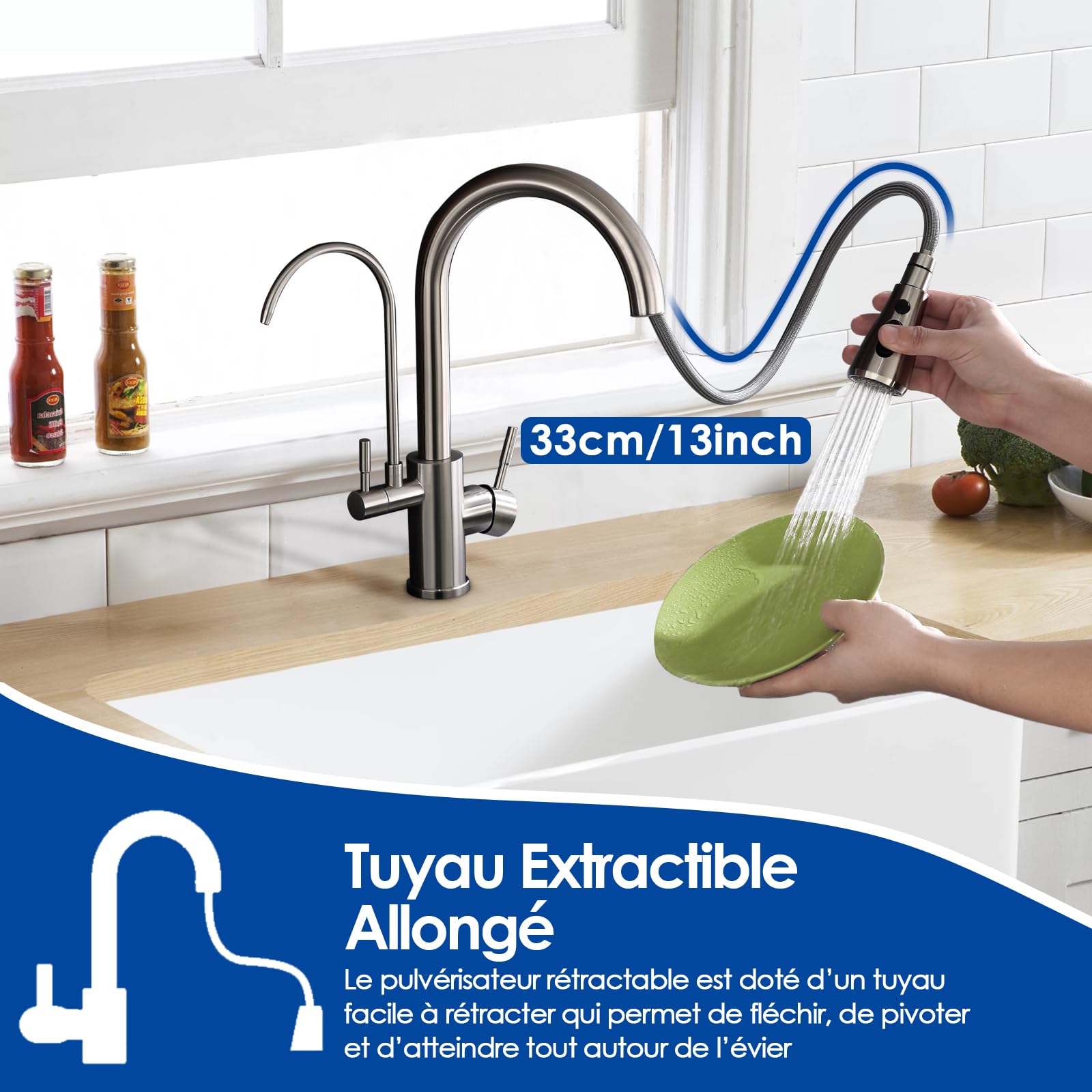 ROVOGO Mitigeur Robinet d'Evier de Cuisine 3 Voies à Eau Filtrée en Acier Inoxydable 304 Brossé, Douchette Extractible à 3 Modes, 2 Manches pour Eau Chaude/Froide/Potable, Bec en C 360° Rotatif