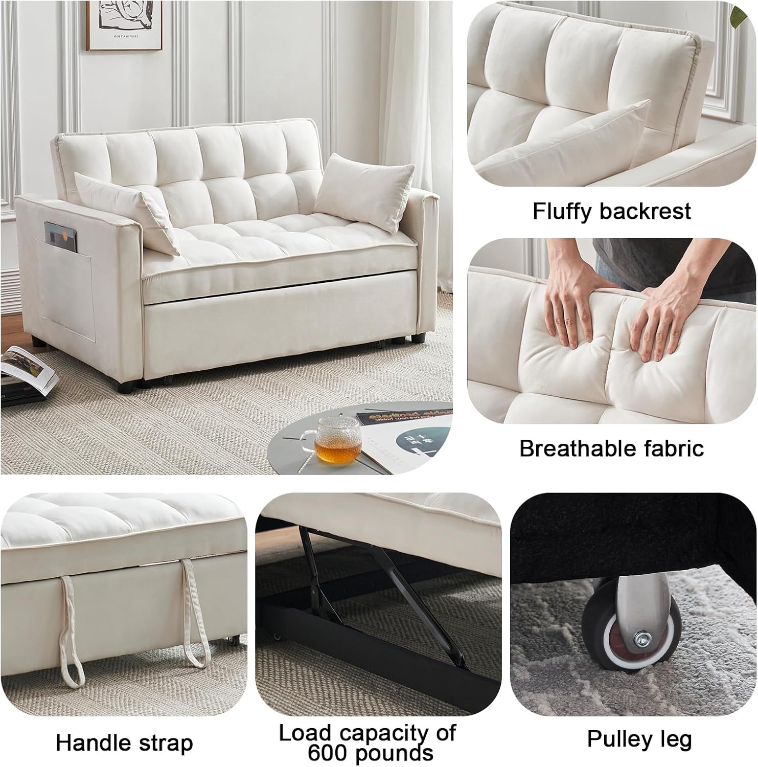 Velvet Convertible Sleeper Sofa， 3-in-1 Pull Out Couch Bed with Pillows，Adjustable Backrest，Storage Pockets with Armrests for Living Room & Bedroom (White) | Pull Out Couch Bed