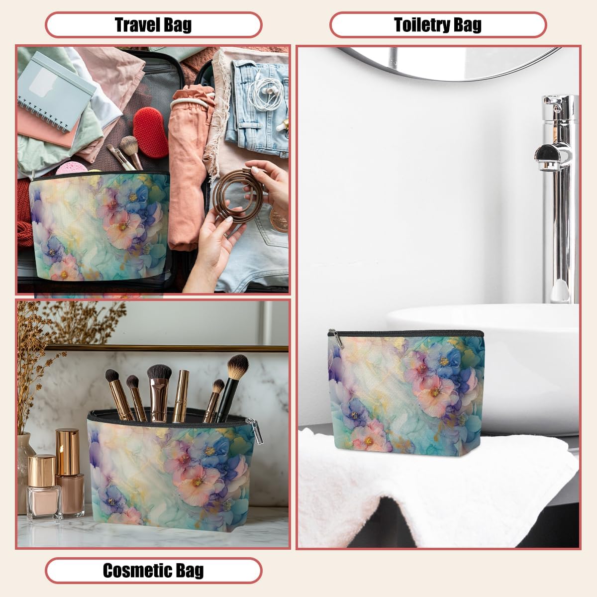 Purple Blue Watercolor Flower Makeup Bag,Cosmetic Bags for Women thumbnail