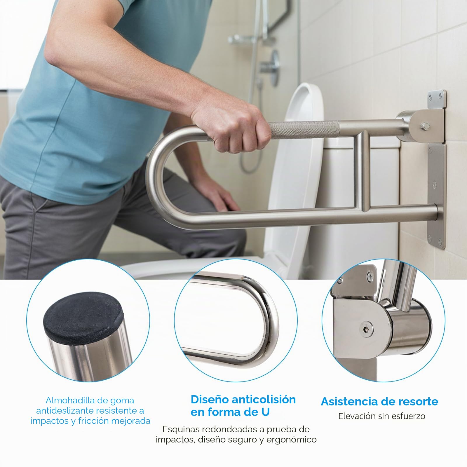 Barra Baño Abatible Acero Inoxidable 60cm | Barra WC Seguridad, Mate Antideslizante, Apoyo Seguridad Asidero, Agarre Plegado Compacto, Ducha