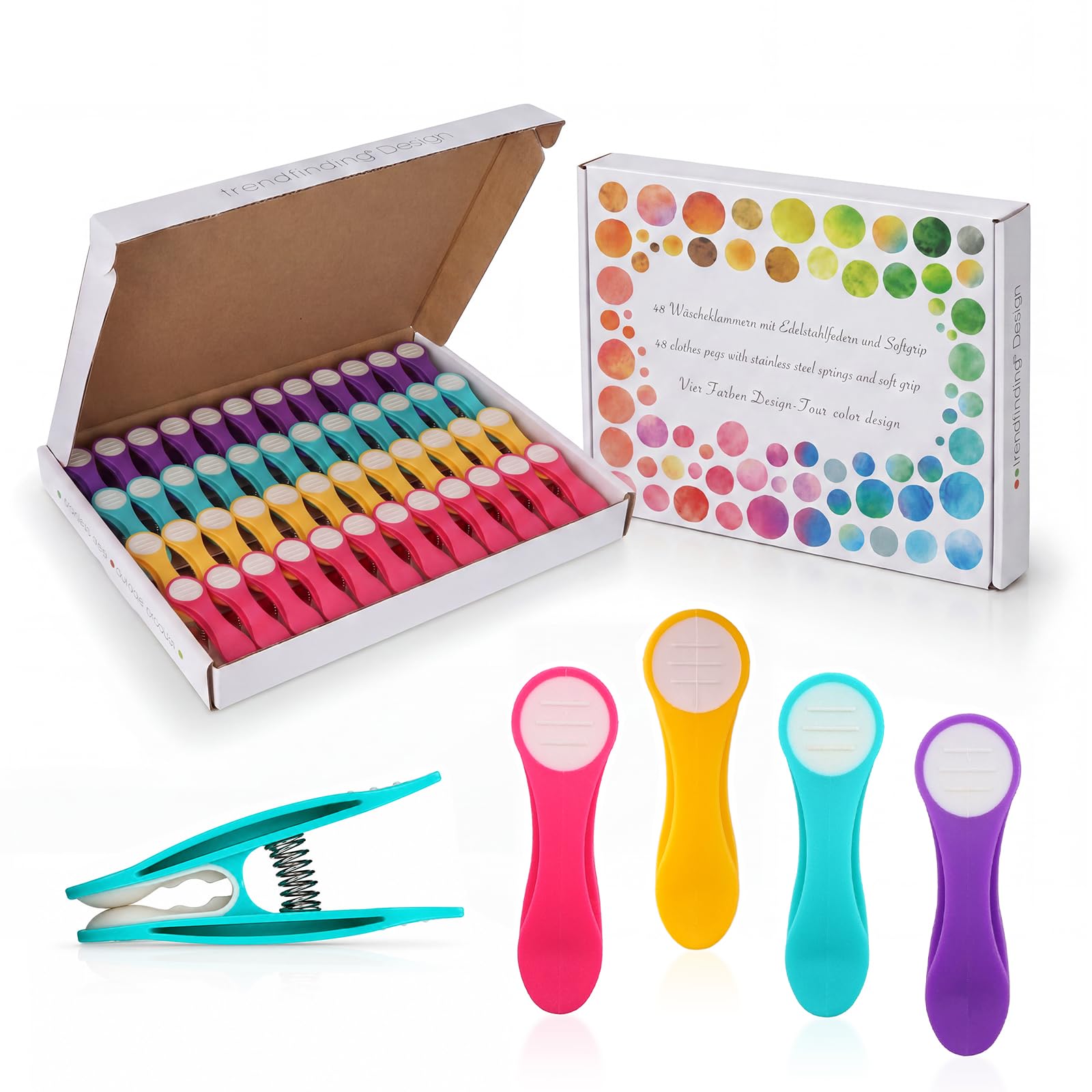 48 Clothes Pegs with Soft Grip - Purple, Turquoise, Yellow, Pink, White