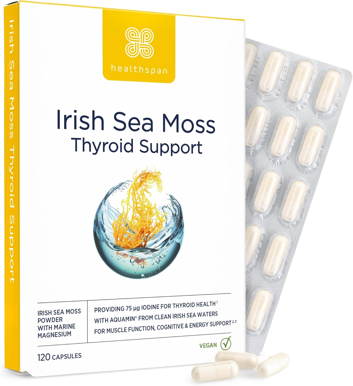 Healthspan Irish Sea Moss Thyroid Support (120 Capsules) | Low Energy & Mood | Targeted Thyroid Support | Marine sourced Magnesium | Supports Healthy Skin & Metabolism