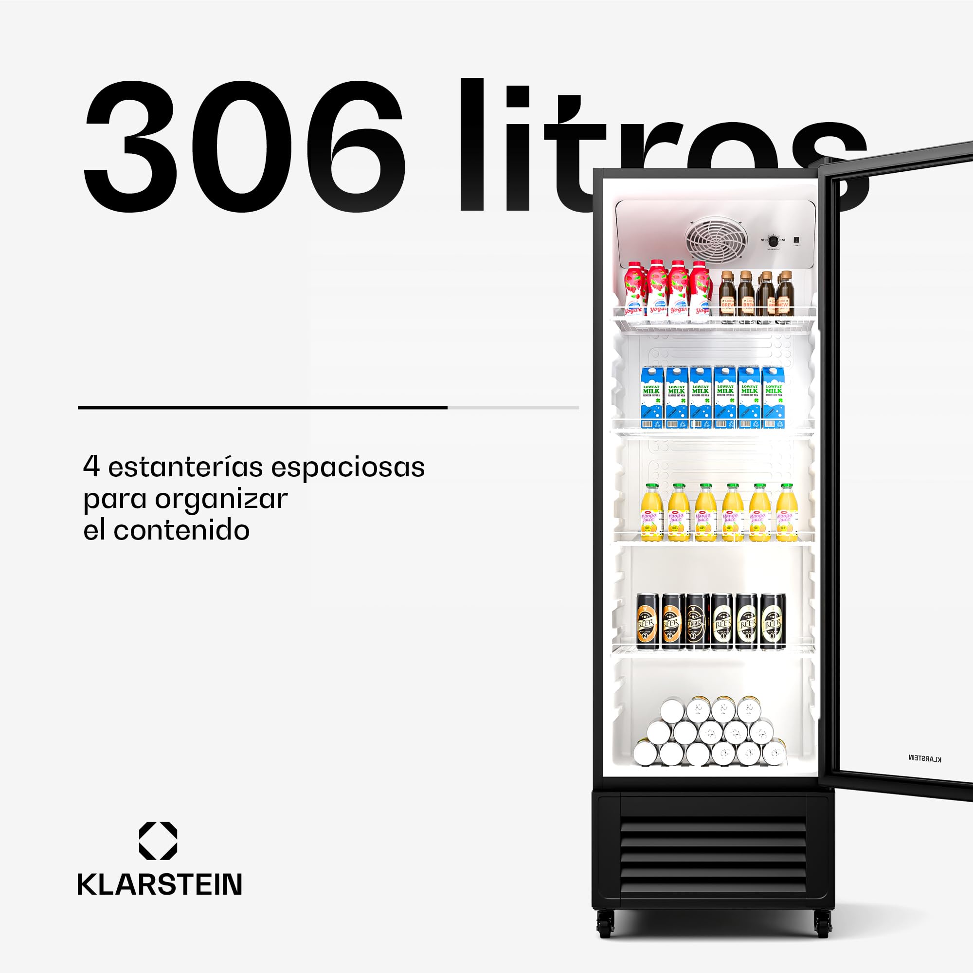 KLARSTEIN GrandCooler 306L Nevera Para Bebidas - Frigorífico para Bebidas con Puerta de Doble Acristalamiento, Iluminación Led, Termostato Mecánico, Ruedas Giratorias, 0-10°C
