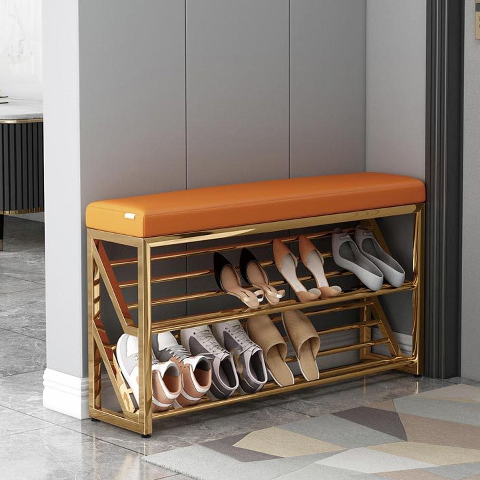 LWJSOCP 2-Tier Shoe Storage Bench with Cushioned Seat Small Entryway nizer Metal Legs Hallway Shoe Rack Mudroom Seating 100cm Shoe Shelf Stool