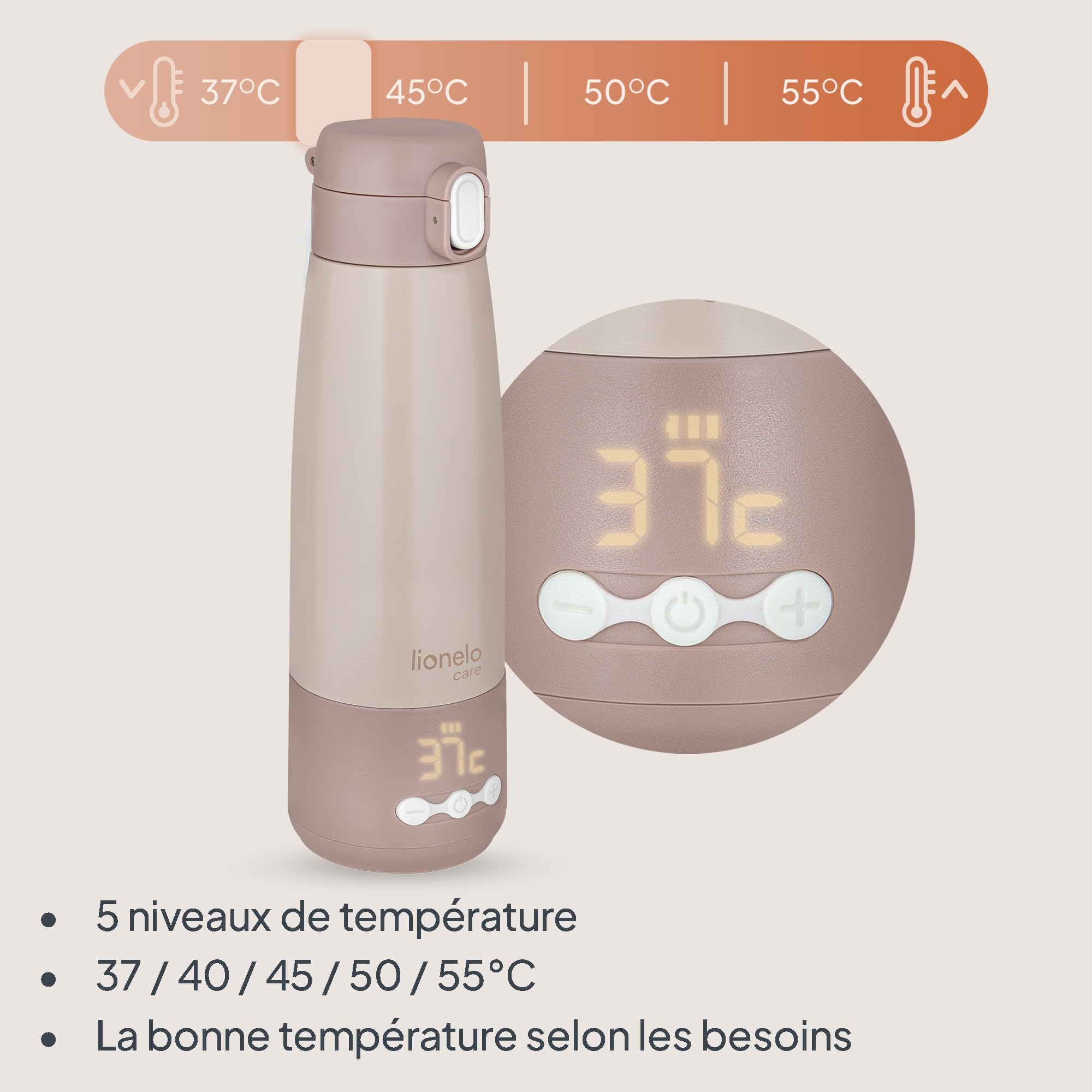 Lionelo Thermup Bottle Chauffe-Biberon Sans Fil 350 ml, Thermos Portable | 150 ml chauffés de 20 à 37°C en 3,5 min, 5 températures 37–55 °C, maintien au chaud jusqu’à 20 h, fermeture étanche, léger