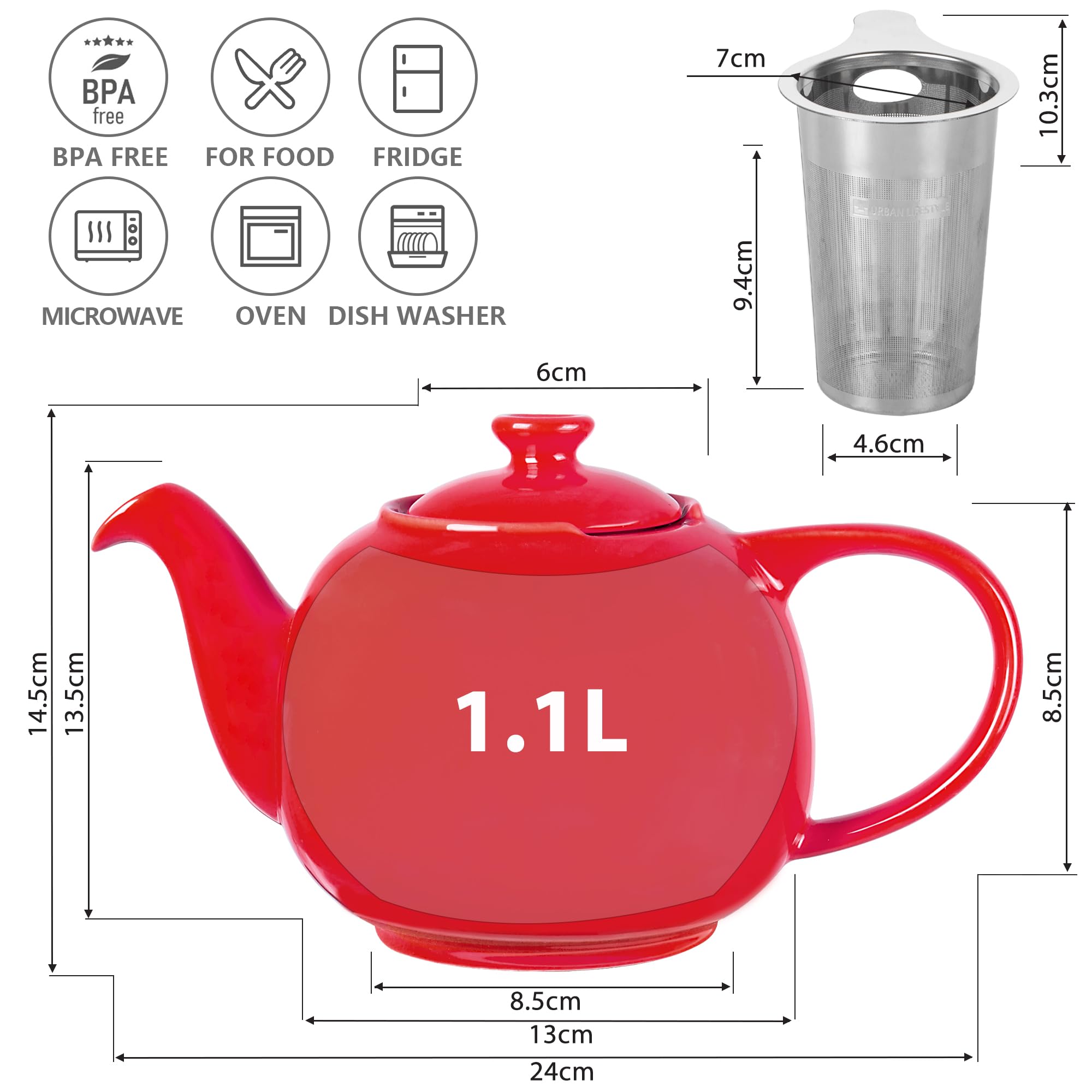 URBAN LIFESTYLE Porcelain Teapot 1.1 L with Infuser Tea Pot for Loose Tea Leaves Ceramic Teapot Red Anti-Drip Design (Swansea) - Image 3