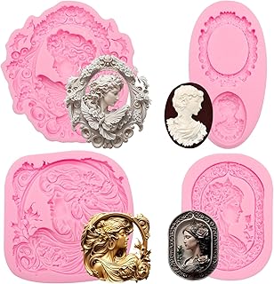 Vintage Cameo Silicone Molds, Victorian Lady Portrait Chocolate Molds Set, 4 Pack Pink Decorative Frame Fondant Molds for DIY Crafts