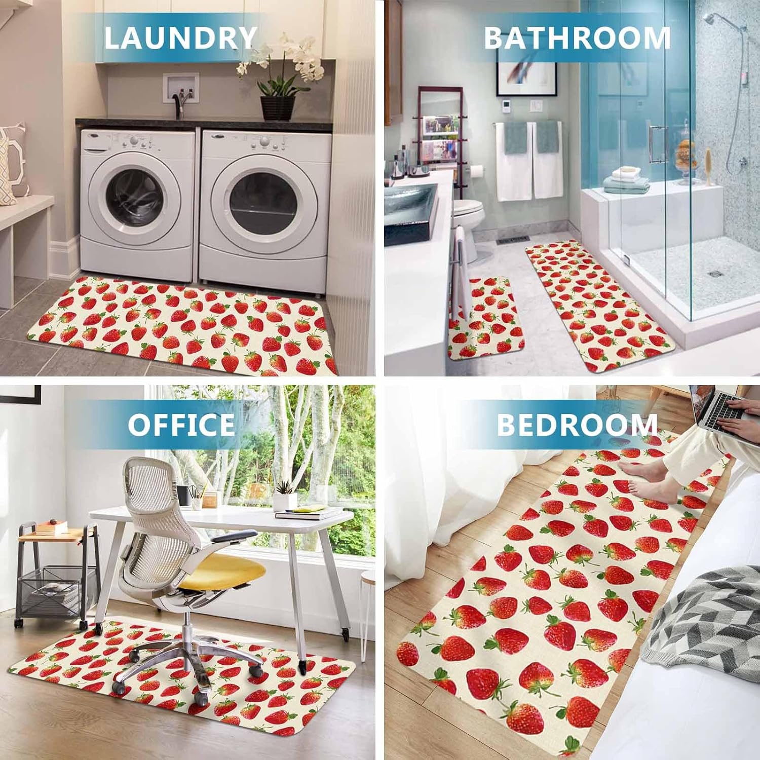 Farmhouse Strawberry Kitchen Mat Set 2 Pieces Red Berry Rustic Country Linen Texture Non Slip Kitchen Rugs Washable Runner Rug Mats for Floor Sink Laundry Office 23.6" x 35.4"+23.6" x 70.9"