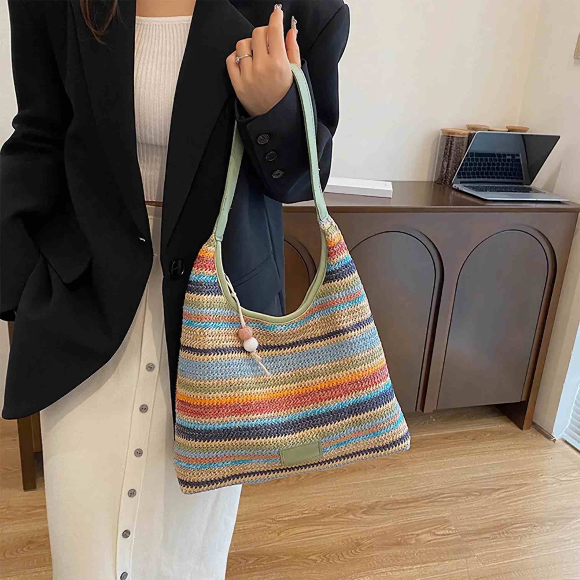 Bolso de playa de paja tejido colorido con cierre miniatura 7