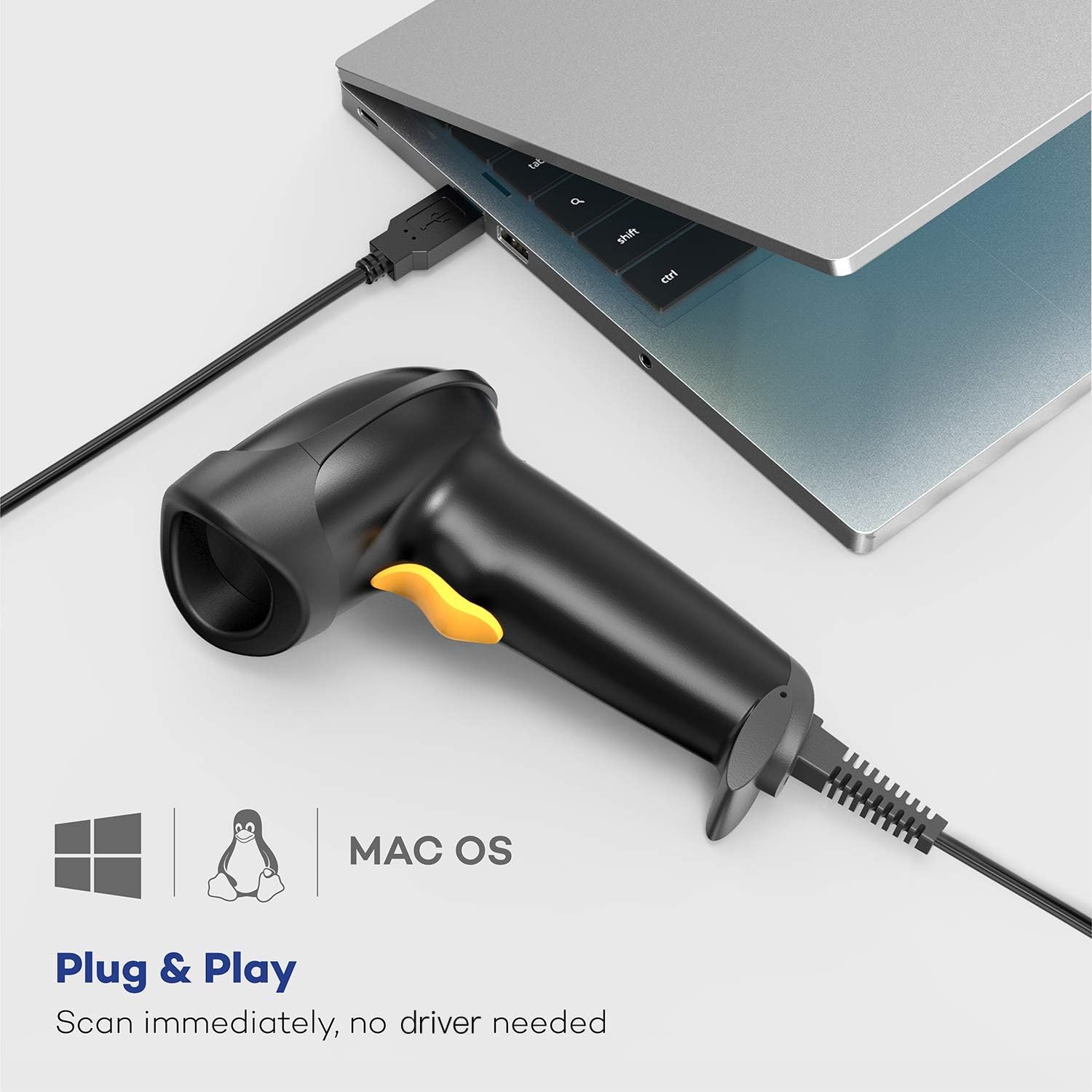 NYEAR 2D Barcode Scanner connected via USB to a laptop, with icons for Windows, Linux, and Mac OS, indicating plug-and-play functionality.