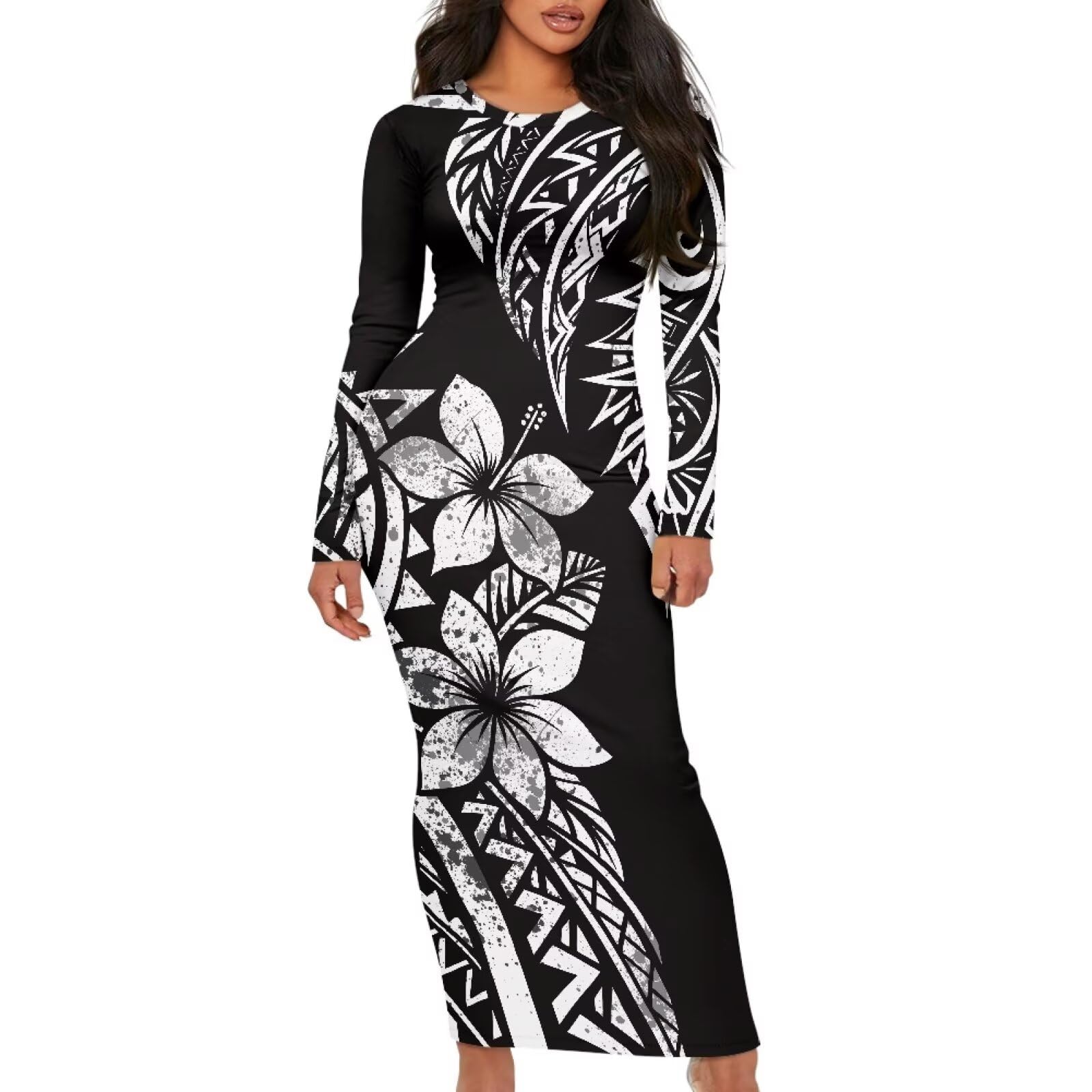 Polynesian Tribal Bodycon Dress Samoan Puletasi Tapa Flower Crewneck Dresses Women Elegan…