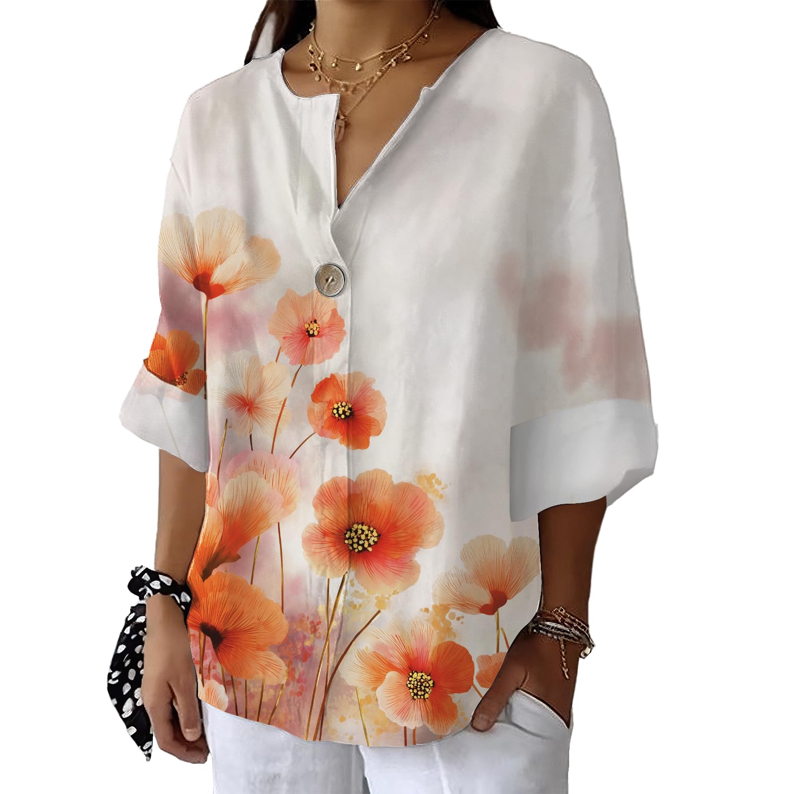 Boho Floral Graphic Shirt for Women Summer Trendy Casual 3 4 Sleeve Blouse Fashion Loose V Neck Pullover
