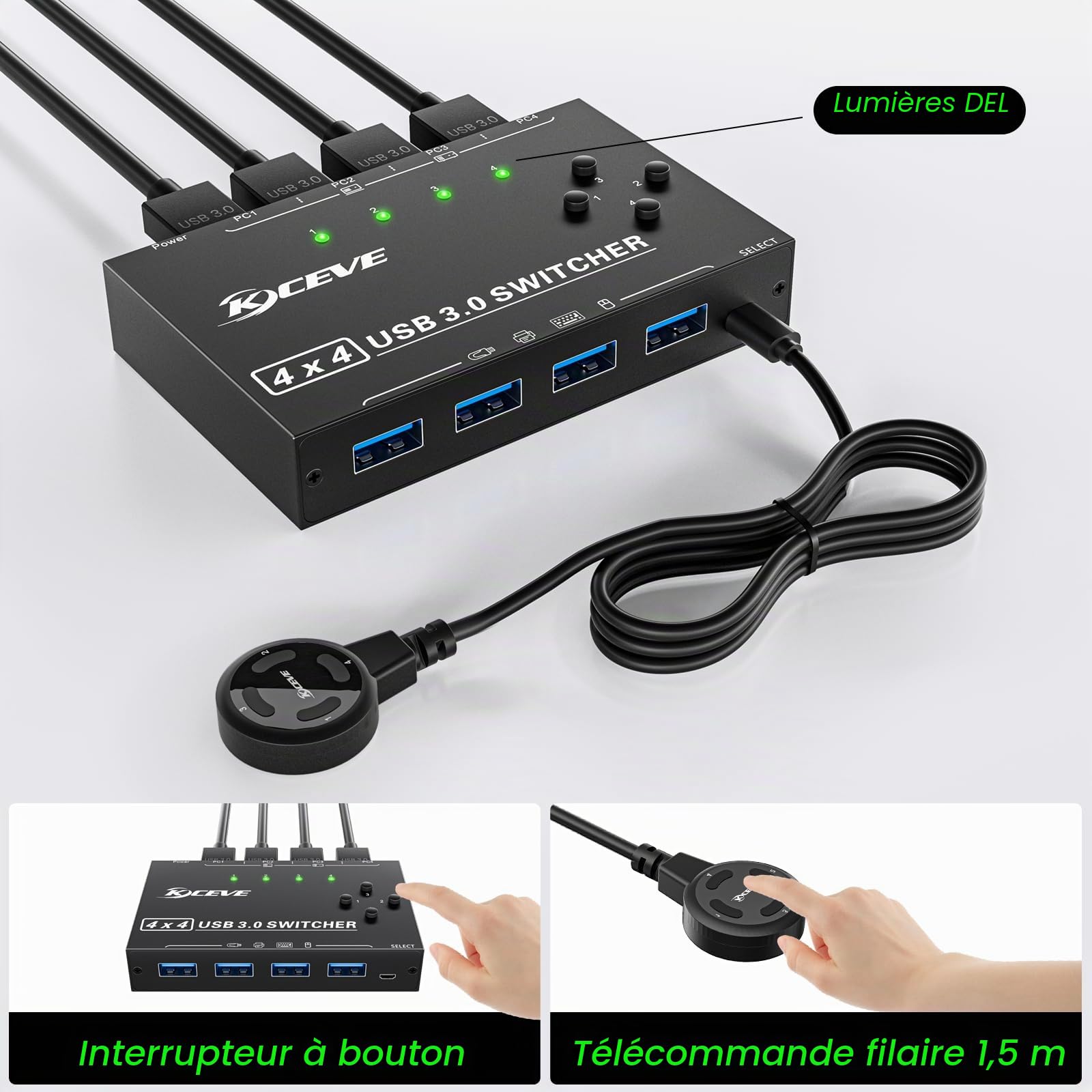 Commutateur USB 3.0 4 PC, YOUTINGHDAV 4 en 4 sorties USB Switch 3.0, boîte de commutation USB pour clavier, souris, imprimante, scanner, PC, avec télécommande filaire et 4 câbles USB 3.0