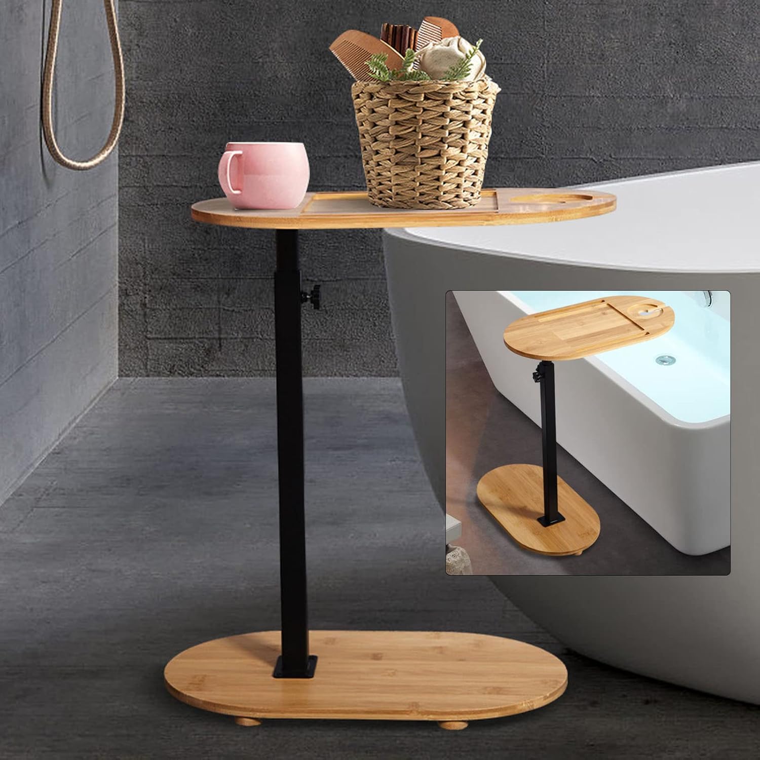 Bamboo Bathtub Tray Table with Adjustable Height, 15.7 inch