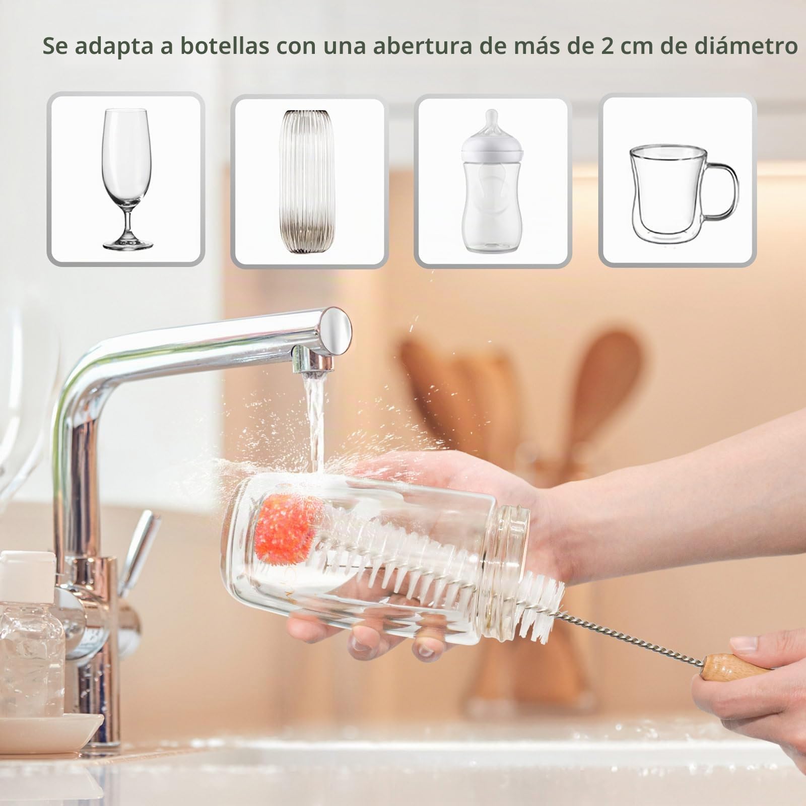 Juego de 3 Cepillo Limpia Botellas Compatible con Sodastream, Limpiador Botellas por Dentro para Botella de Cristal Agua Biberones
