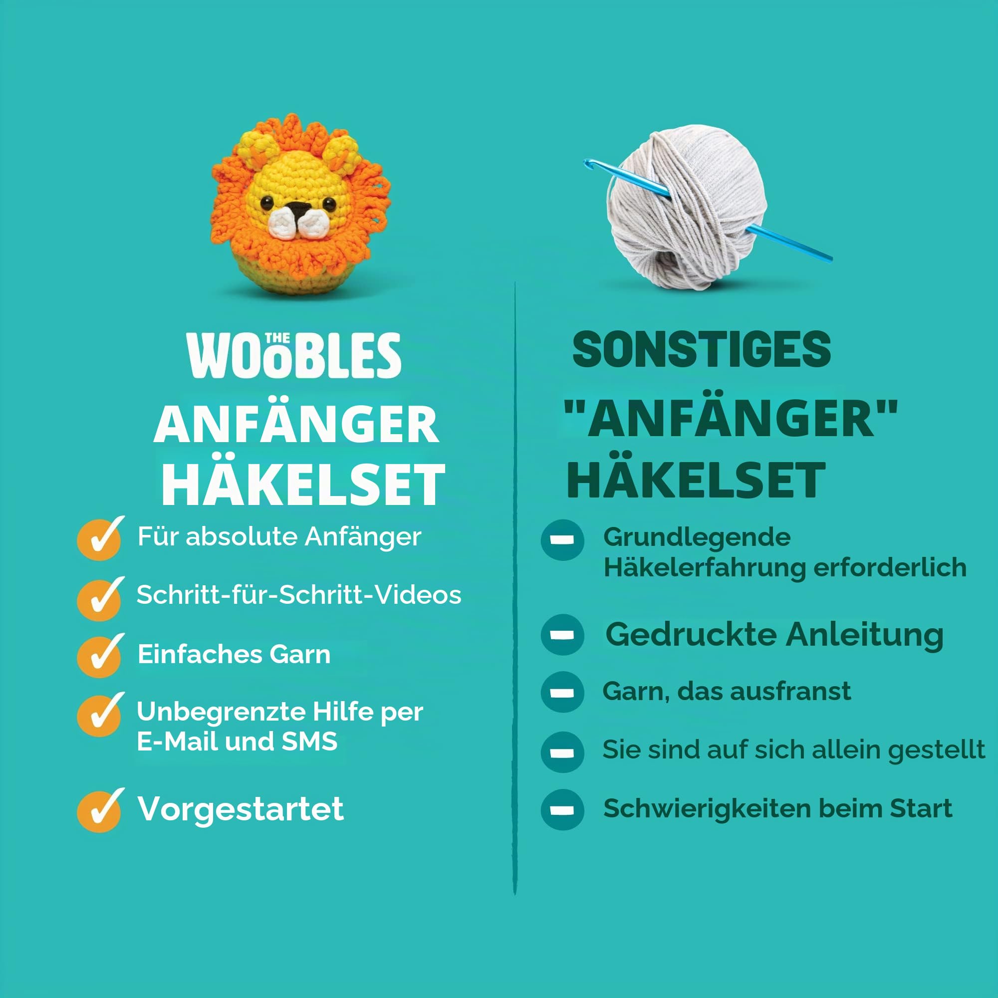 The Woobles 4-teiliges Häkelset für Anfänger (Pinguin, Küken, Fuchs und Hase) mit Easy Peasy Garn – All-in-One Strickset – Häkelset mit Schritt-für-Schritt-Video-Tutorials